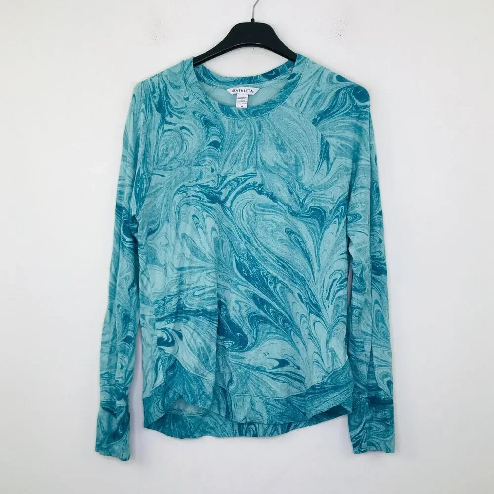 Athleta Women's Medium Sweatshirt Blue Marble Print Mindset Raglan Pullover CN4
